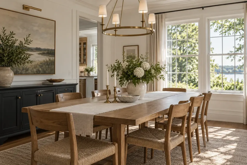 Dining room with long wood table, rush chairs and a chandelier