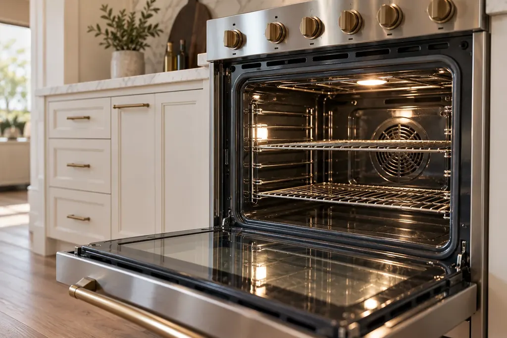 Open oven with clean racks in a white kitchen