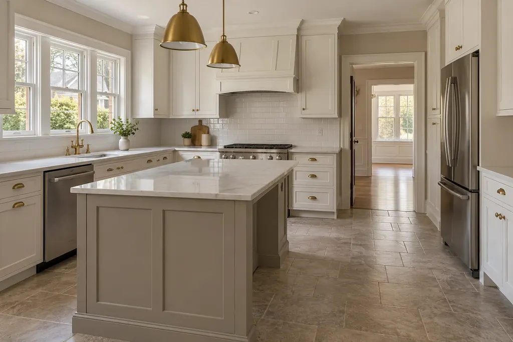 Empty kitchen with island, stainless refrigerator and stone floor